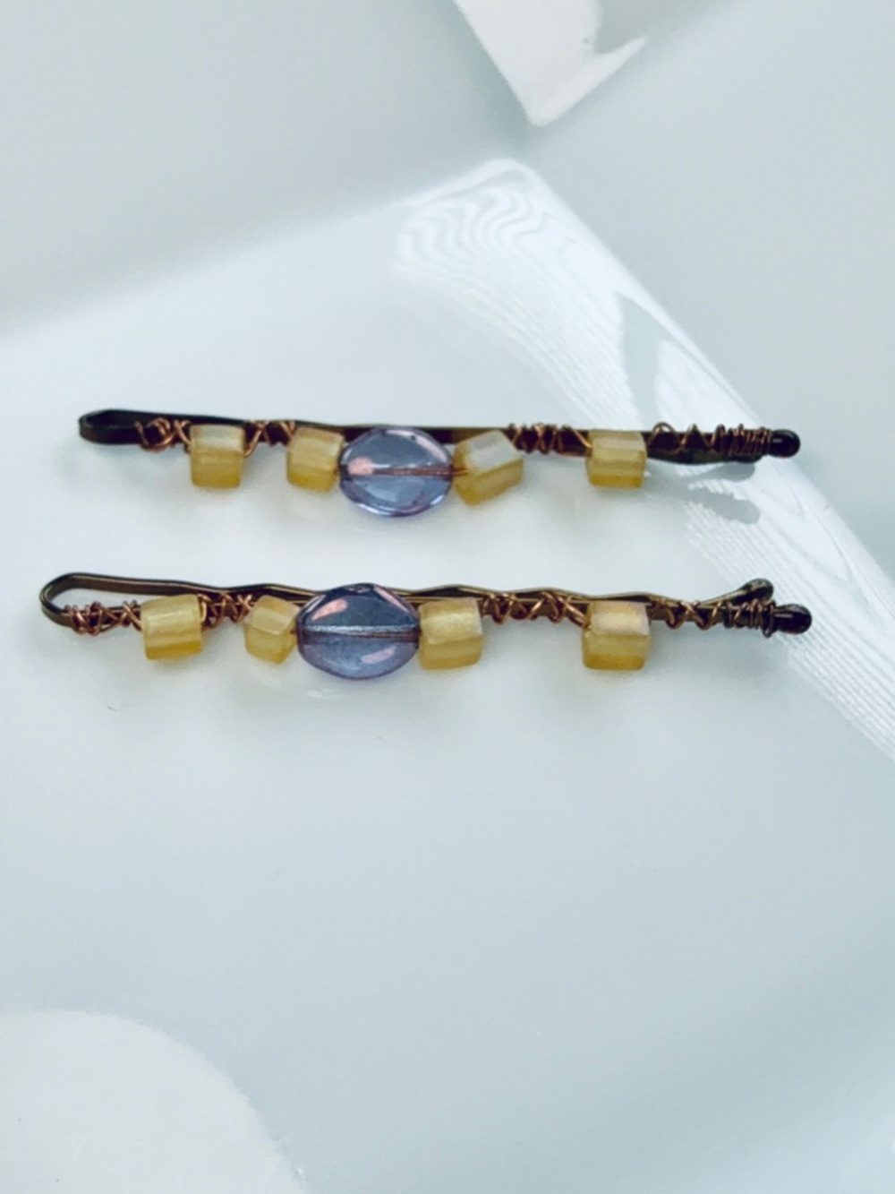 Hand Crafted Purple and Yellow Beaded Bobby Pins